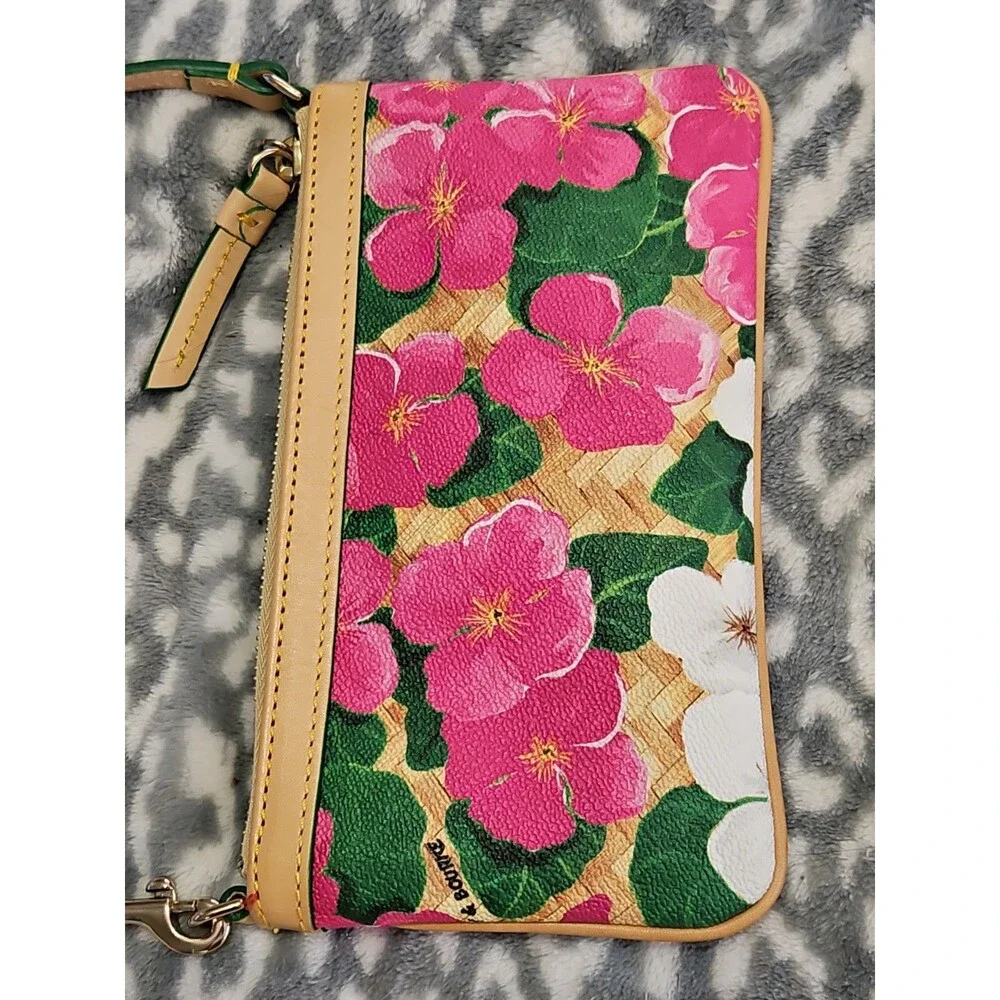 Dooney & Bourke Pink And White Tropical Pansies & Hibiscus Basketweave Wristlet